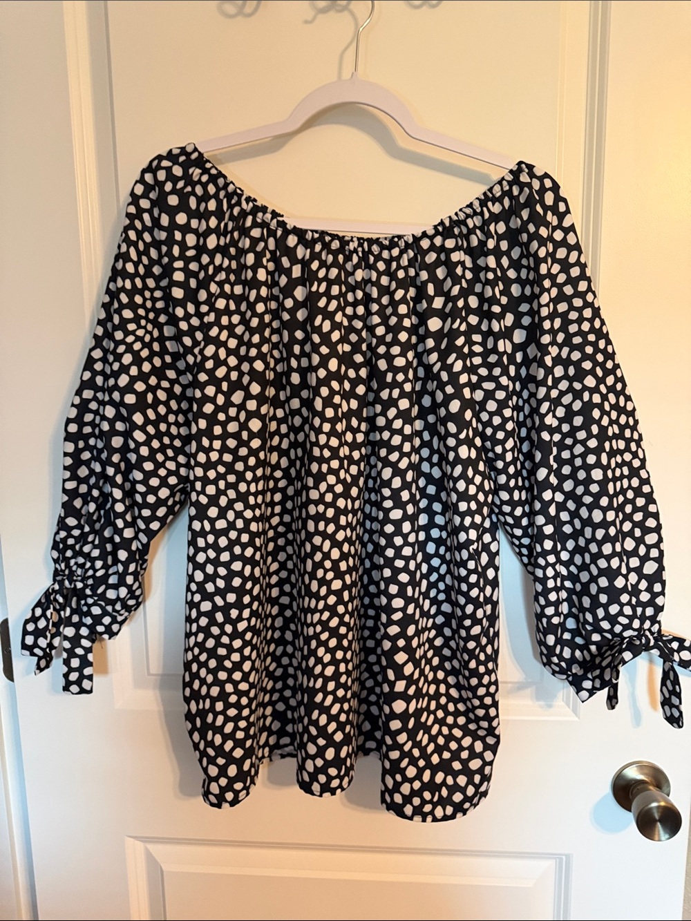 SHEIN Black and White Polka Dot Off-Shoulder Peasant Tunic